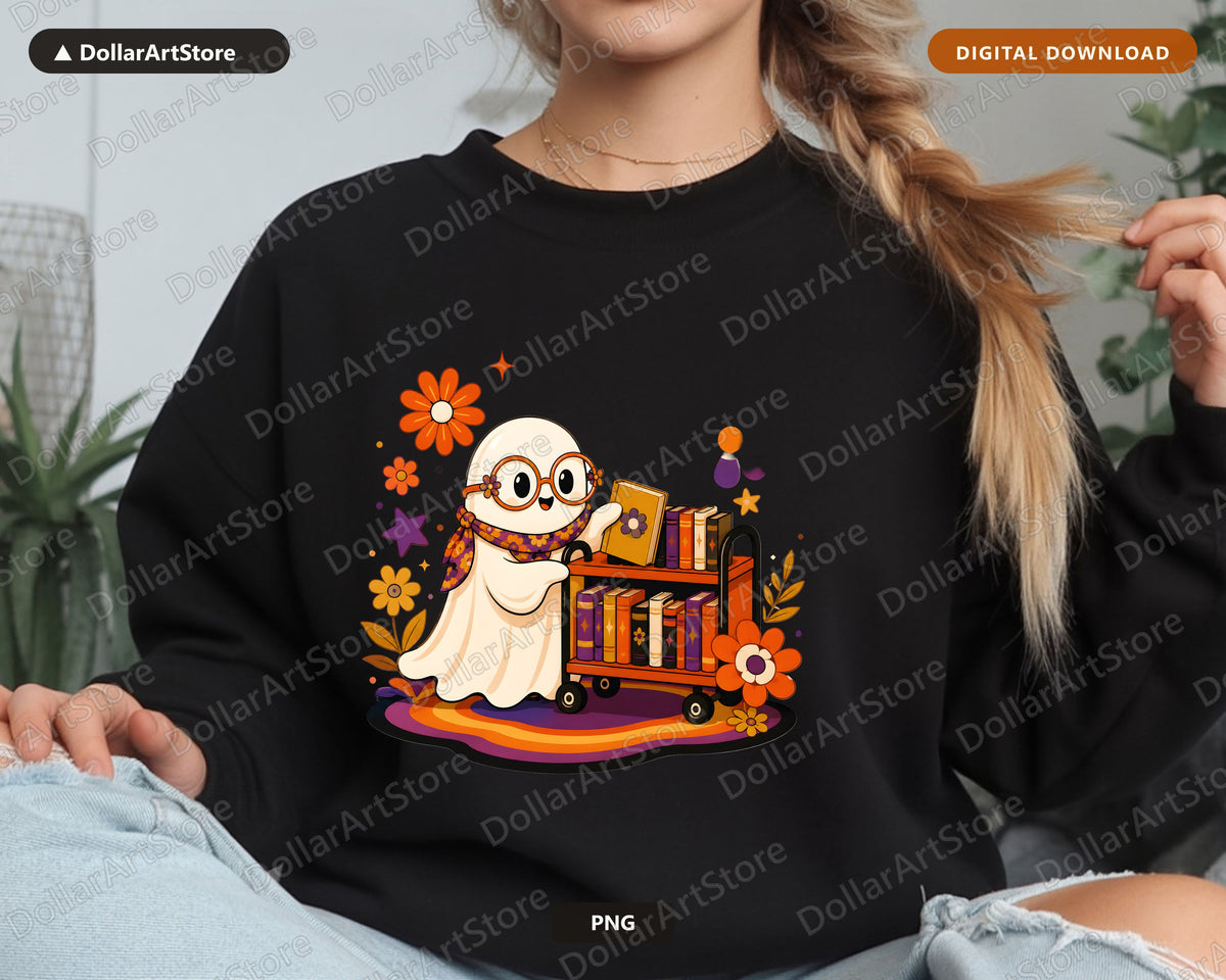 Bookish Ghost PNG, Retro Sublimation Design, Shirt & Tumbler Digital Download