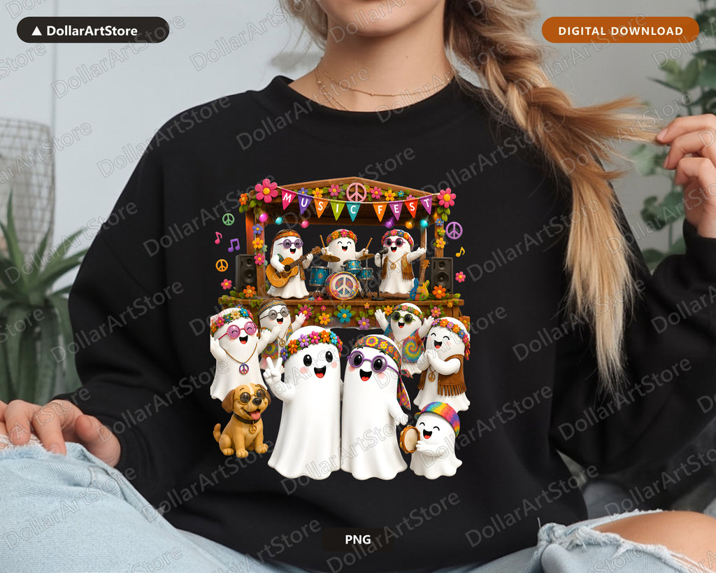 Cute Halloween Ghost PNG Sublimation Design, Groovy Music Festival Shirt Design Digital Download