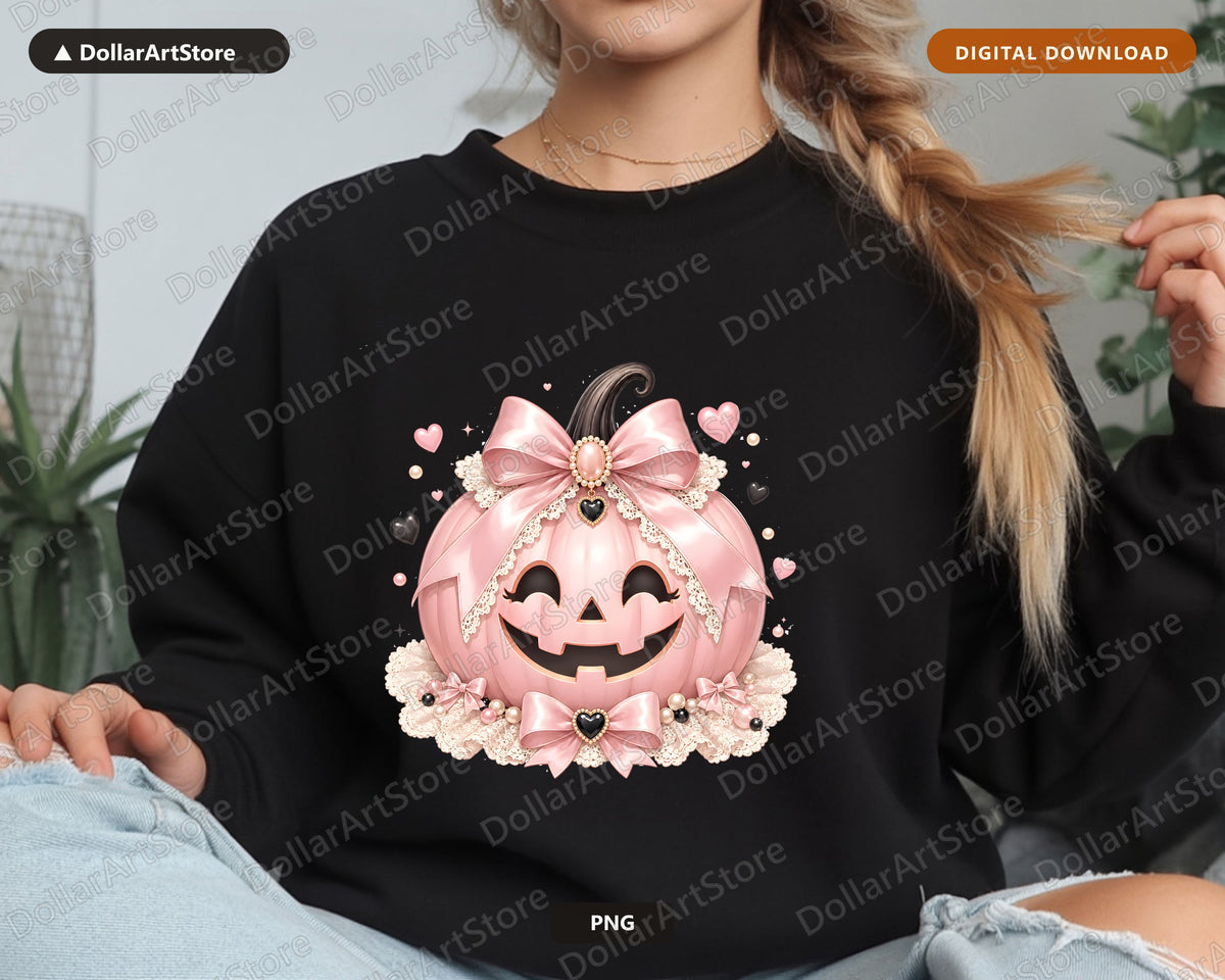 Coquette Halloween PNG, Pink Pumpkin Sublimation Design, Shirt Design Digital Download