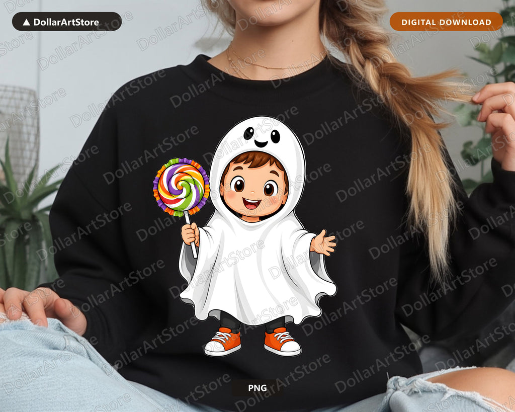 Cute Ghost Costume Kid PNG, Halloween Sublimation Design, Shirt Design Digital Download