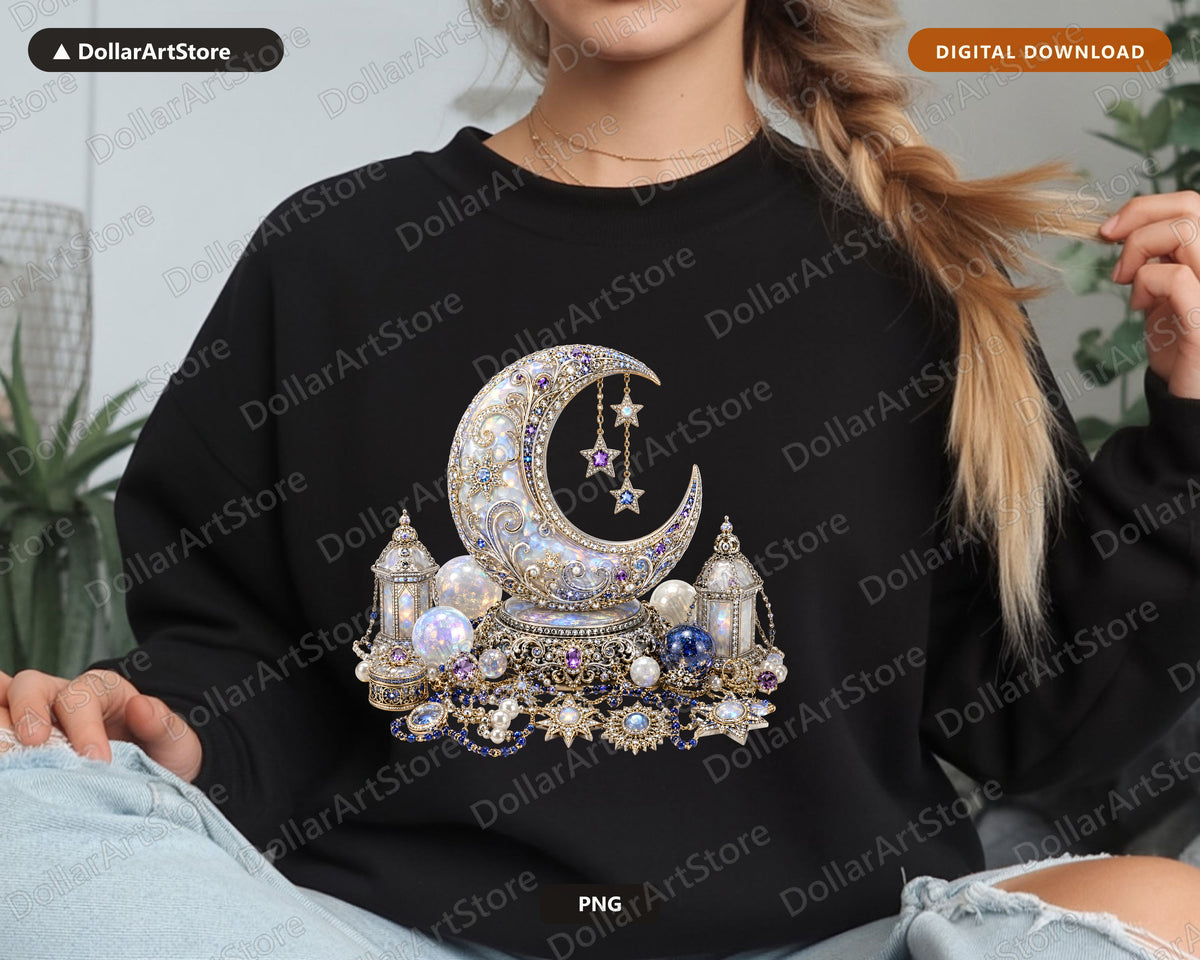 Ornate Celestial Moon PNG, Gothic Jewelry Design, Sublimation Download