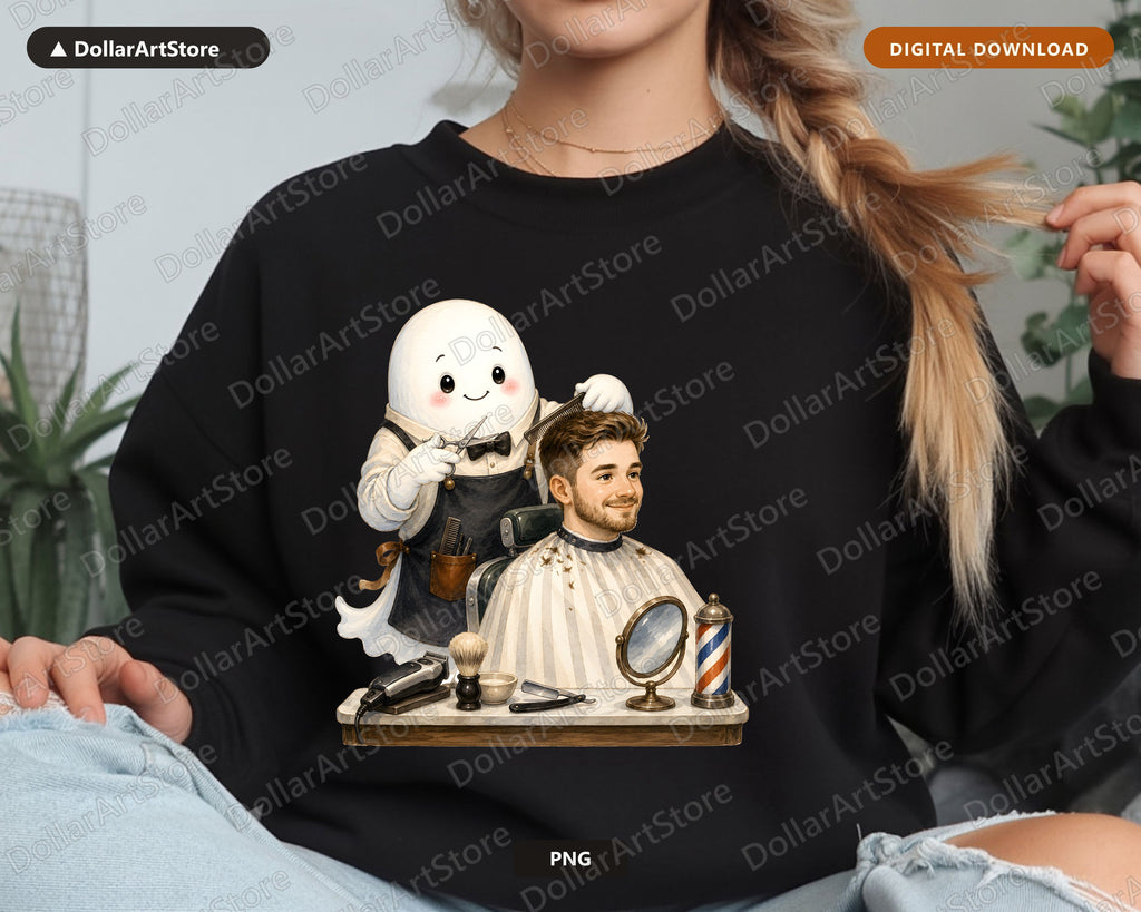 Cute Ghost Barber PNG, Sublimation Design, Shirt Design Digital Download