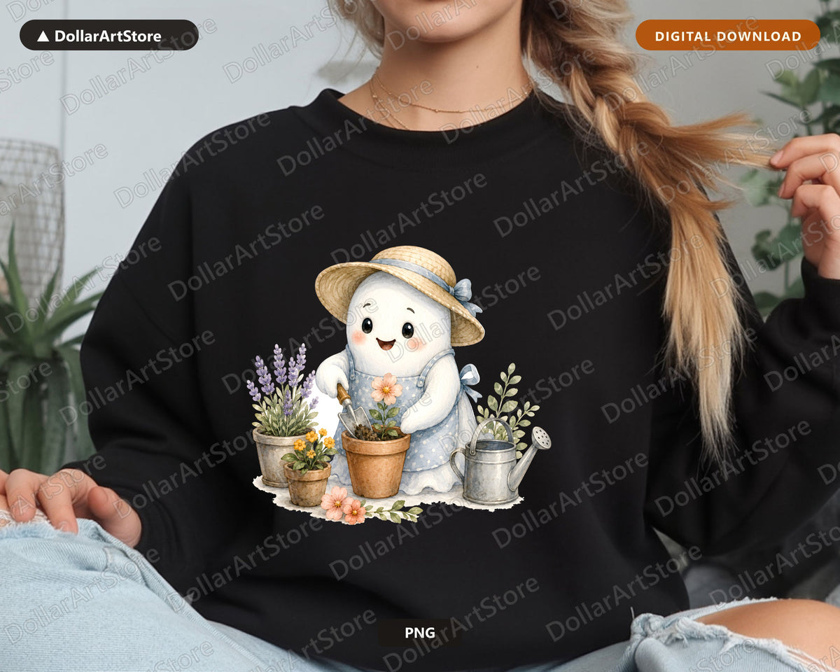 Gardening Ghost PNG, Cute Character Design, Sublimation Print-on-Demand Download