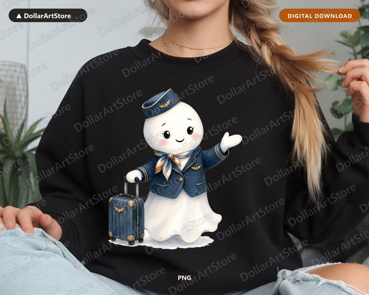 Cute Pilot Ghost PNG, Vintage Airline Steward Design, Sublimation Download