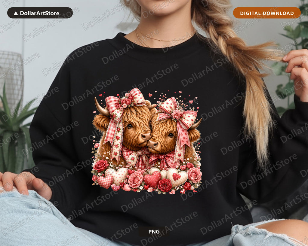 Highland Cattle Valentine PNG, Sublimation Design, Shirt Design Digital Download