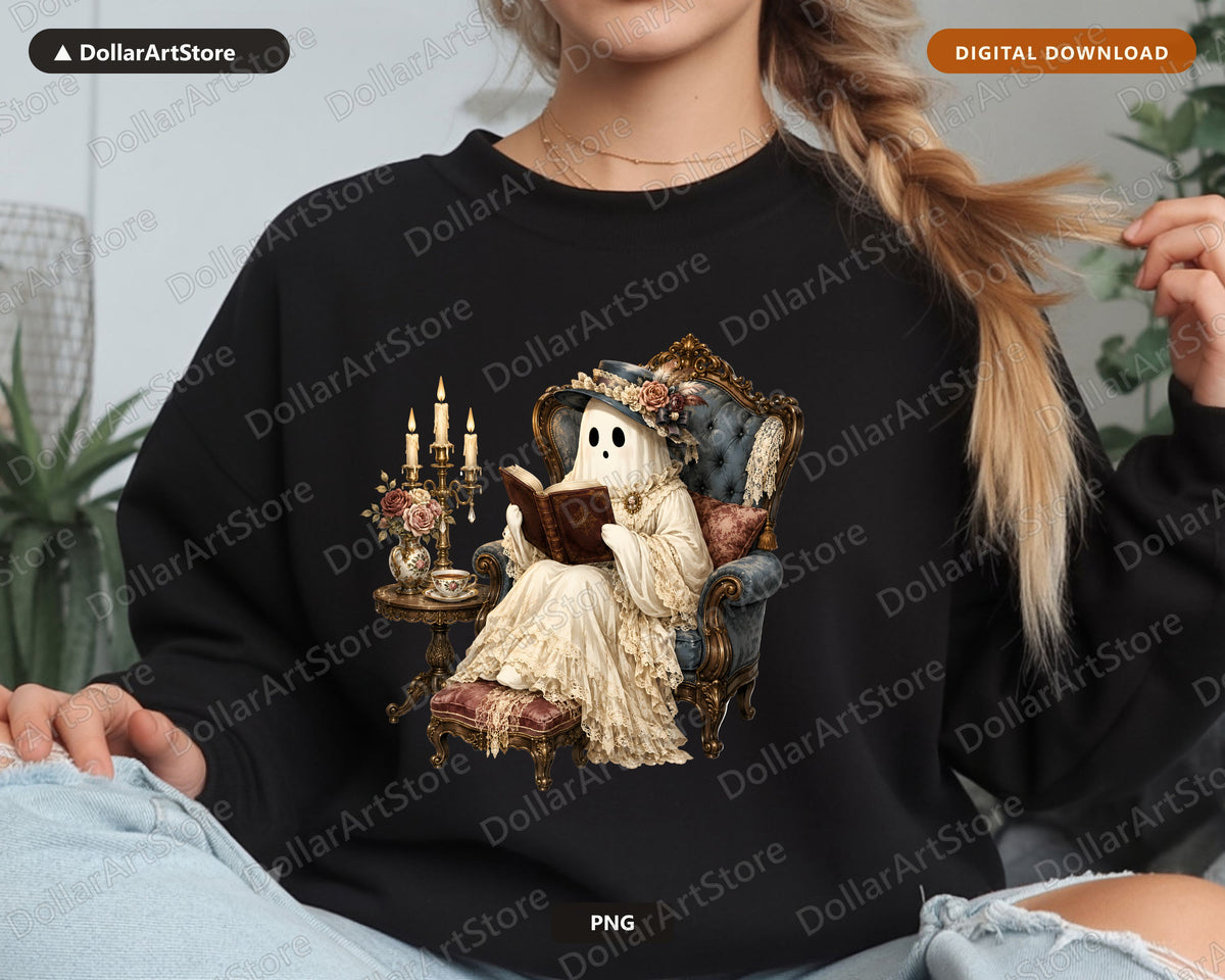 Bookish Ghost PNG, Vintage Gothic Design, Sublimation Shirt Design Digital Download