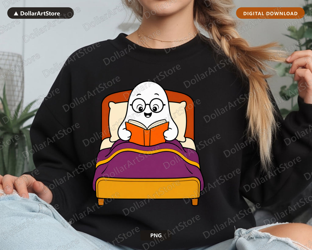 Bookish Ghost PNG, Reading in Bed, Sublimation Design Digital Download