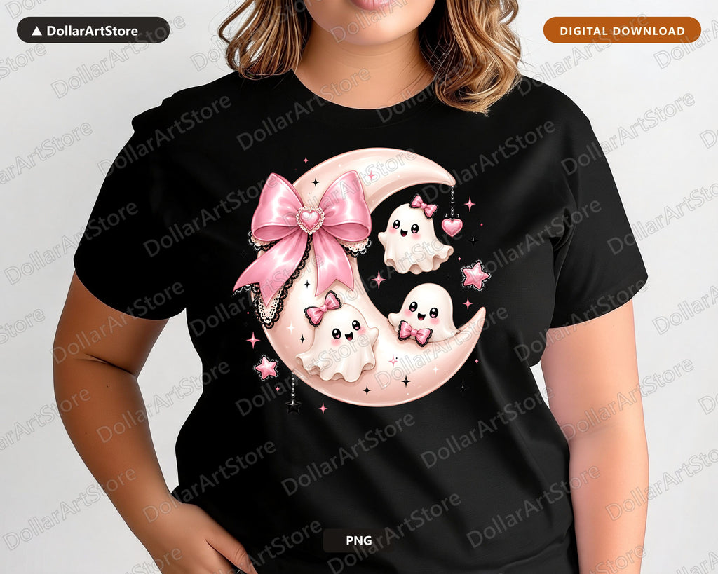 Cute Ghost PNG Sublimation Design, Pink Bow Moon, Shirt & Tumbler Print