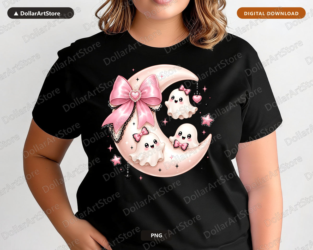 Cute Ghost PNG Sublimation Design, Pink Bow Moon, Shirt & Tumbler Print