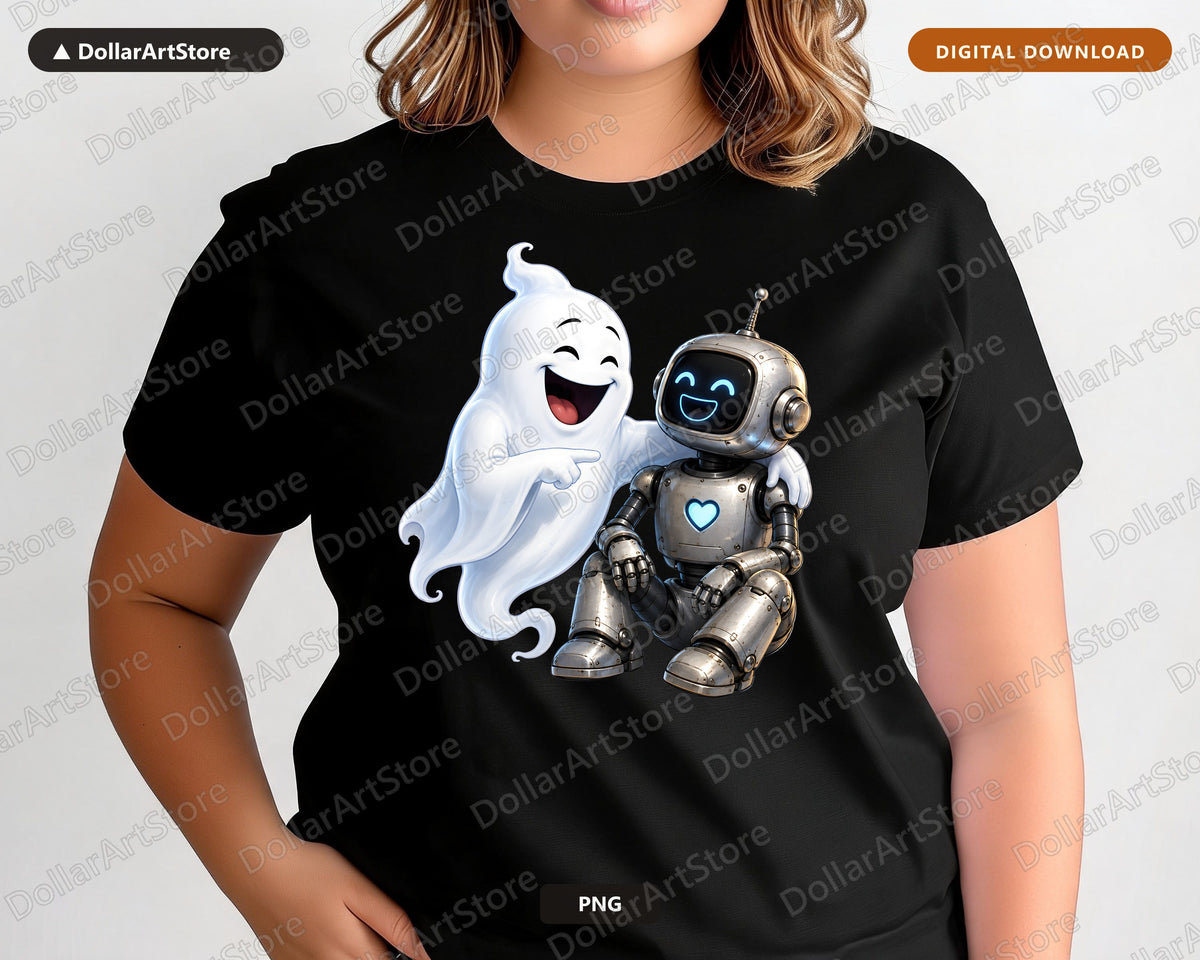 Cute Halloween Ghost and Robot PNG, Sublimation Shirt Design Digital Download