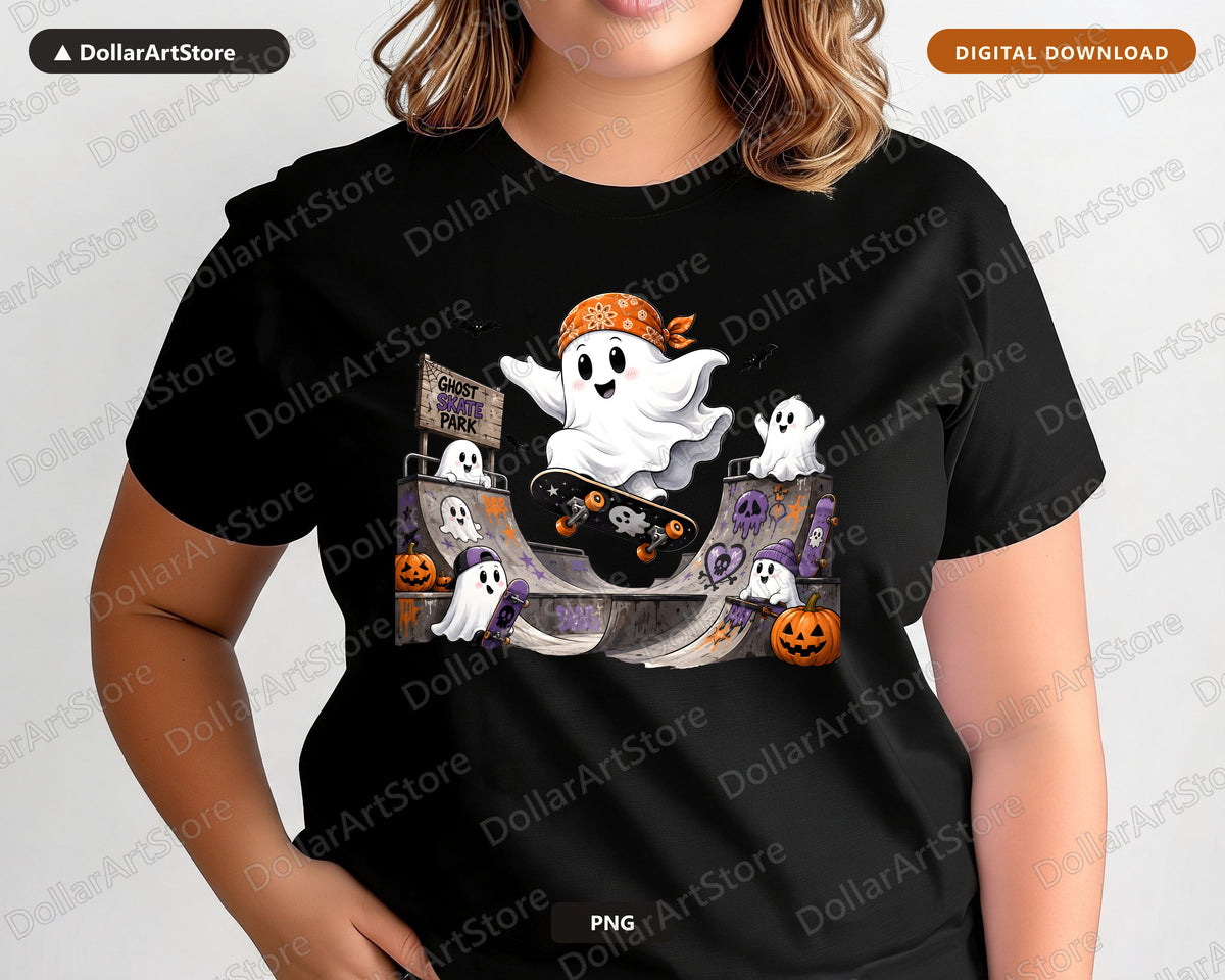 Cute Halloween Ghost Skate Park PNG, Sublimation Design, Shirt Design Digital Download