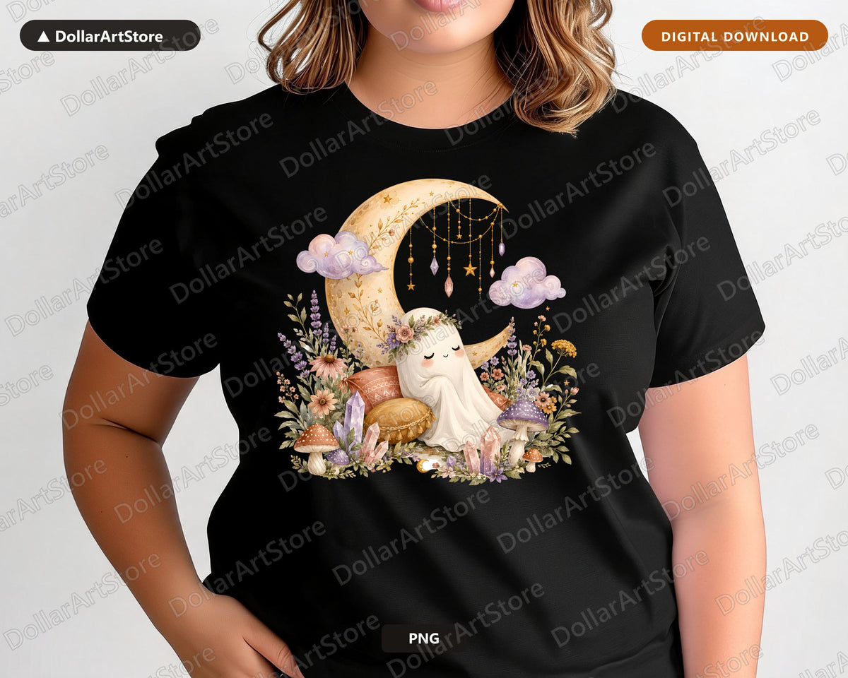 Boho Ghost PNG Sublimation Design, Whimsical Moon Art Digital Download