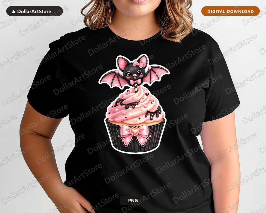 Coquette Bat Cupcake PNG, Sublimation Design, Cute Halloween Shirt Print