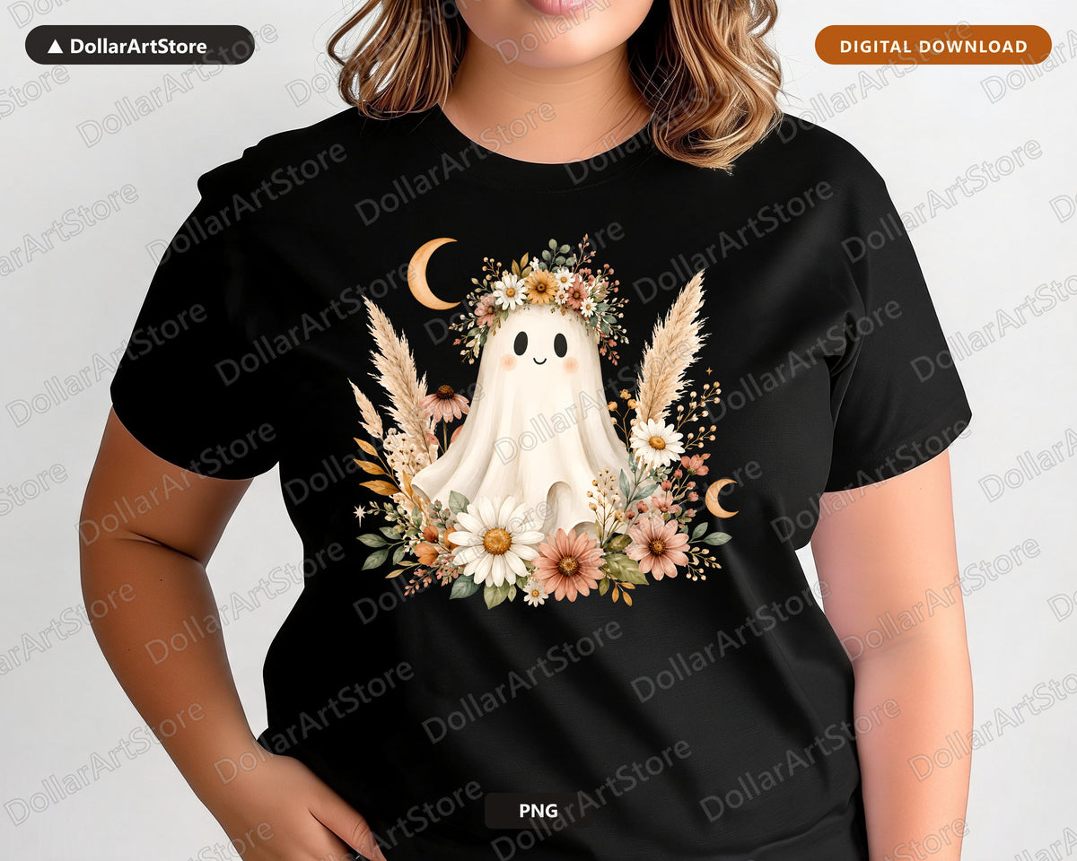 Boho Ghost PNG, Autumn Floral Sublimation Design, Fall Shirt Design Digital Download