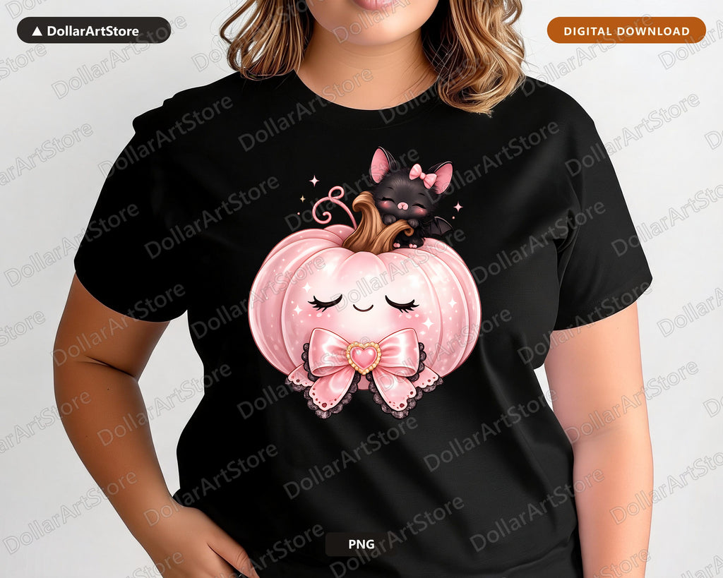 Coquette Halloween PNG, Pink Pumpkin Bat Design, Sublimation Shirt PNG Download