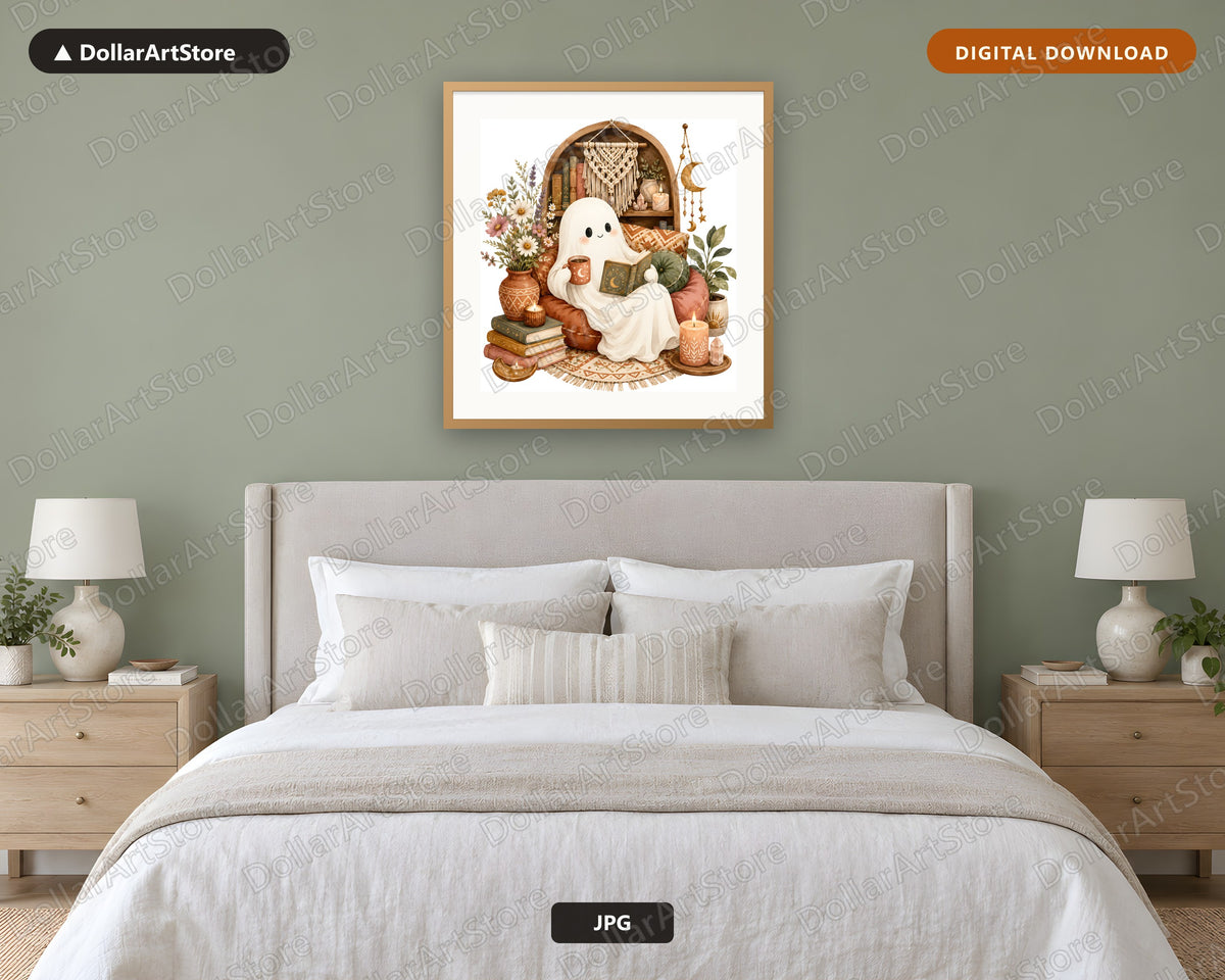 Reading Boho Ghost Watercolor Printable Wall Art Digital Download
