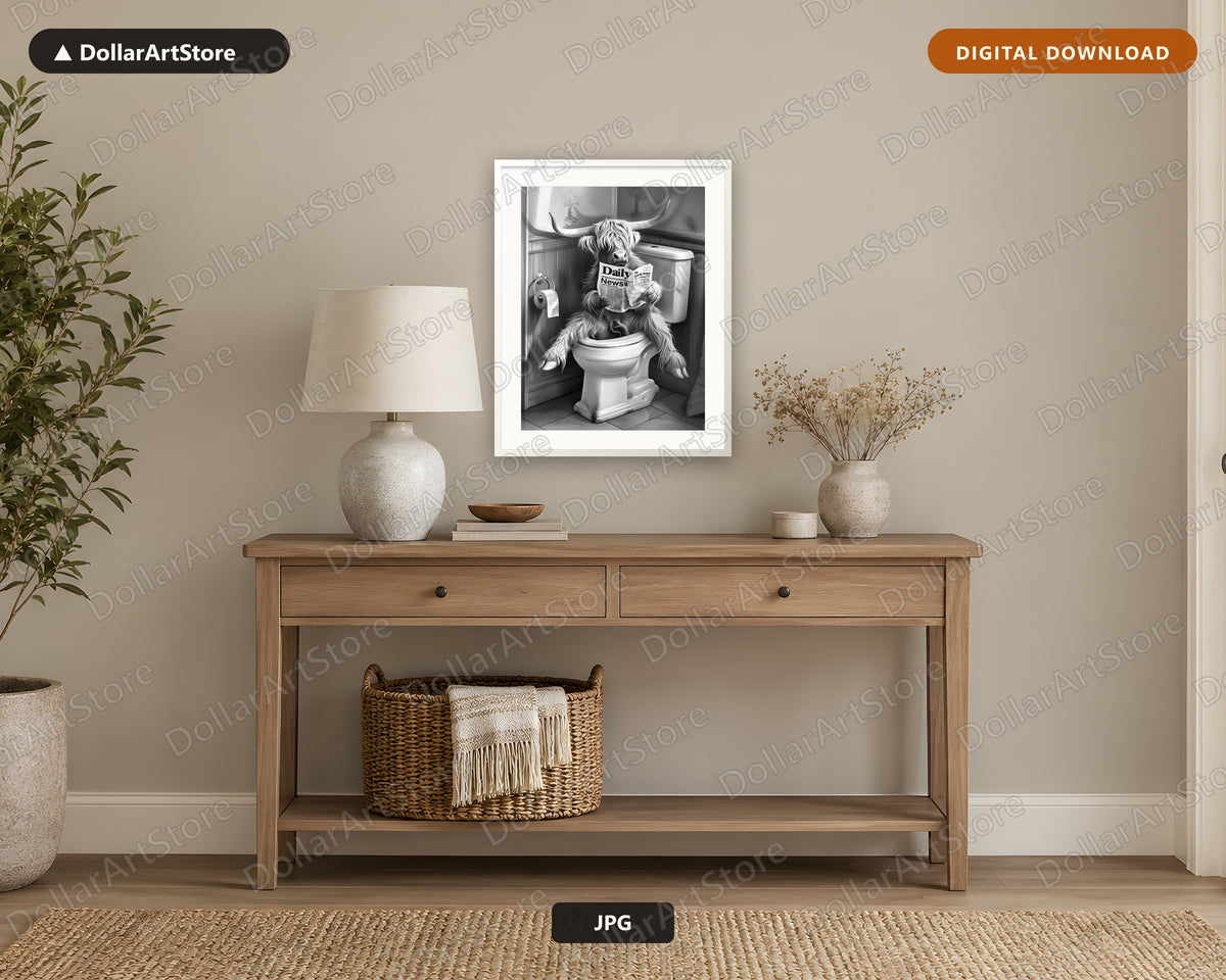 Highland Cattle Reading Newspaper Printable Wall Art, Funny Bathroom Decor