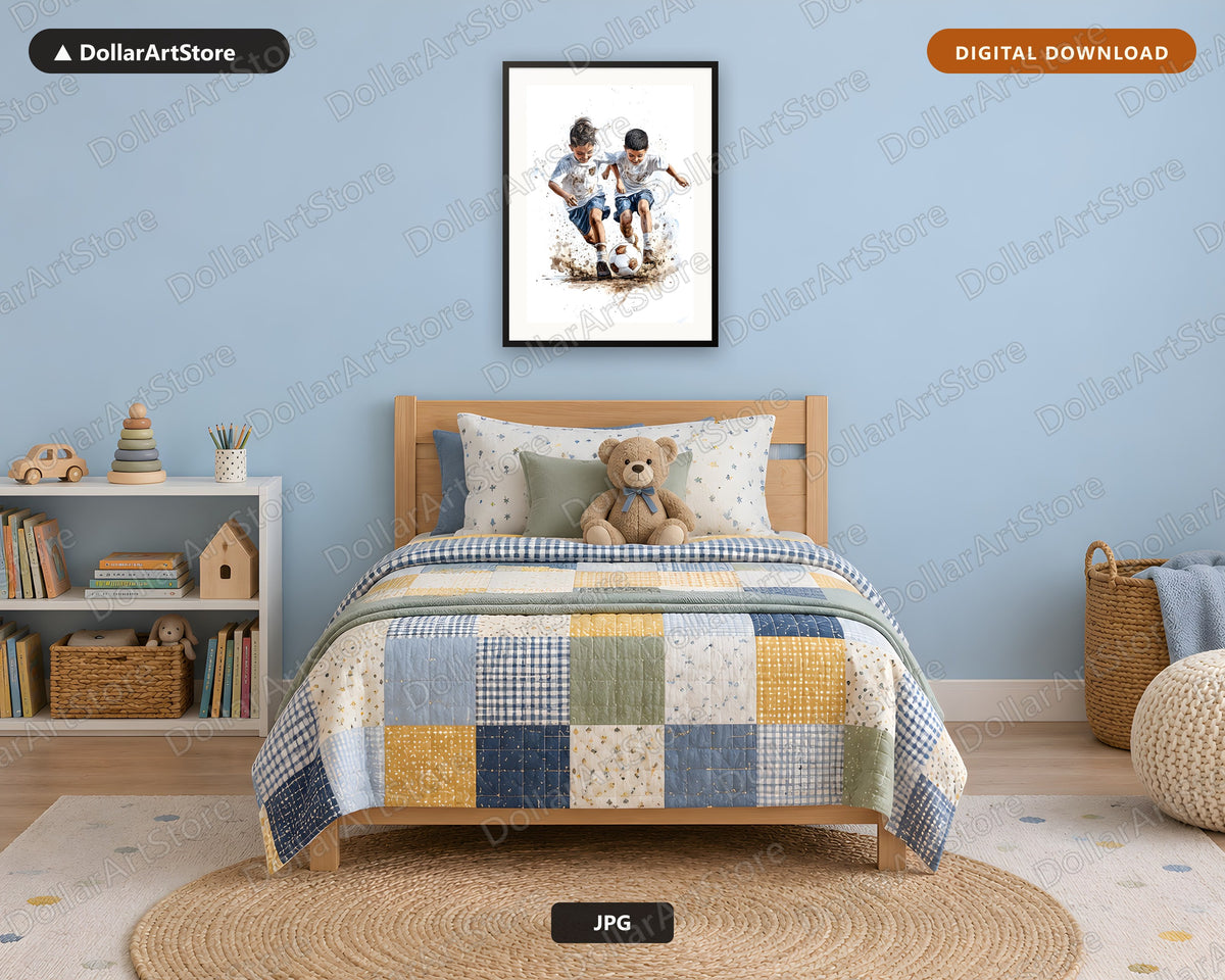 Boys Playing Soccer Watercolor Art | Printable Wall Art Digital Download