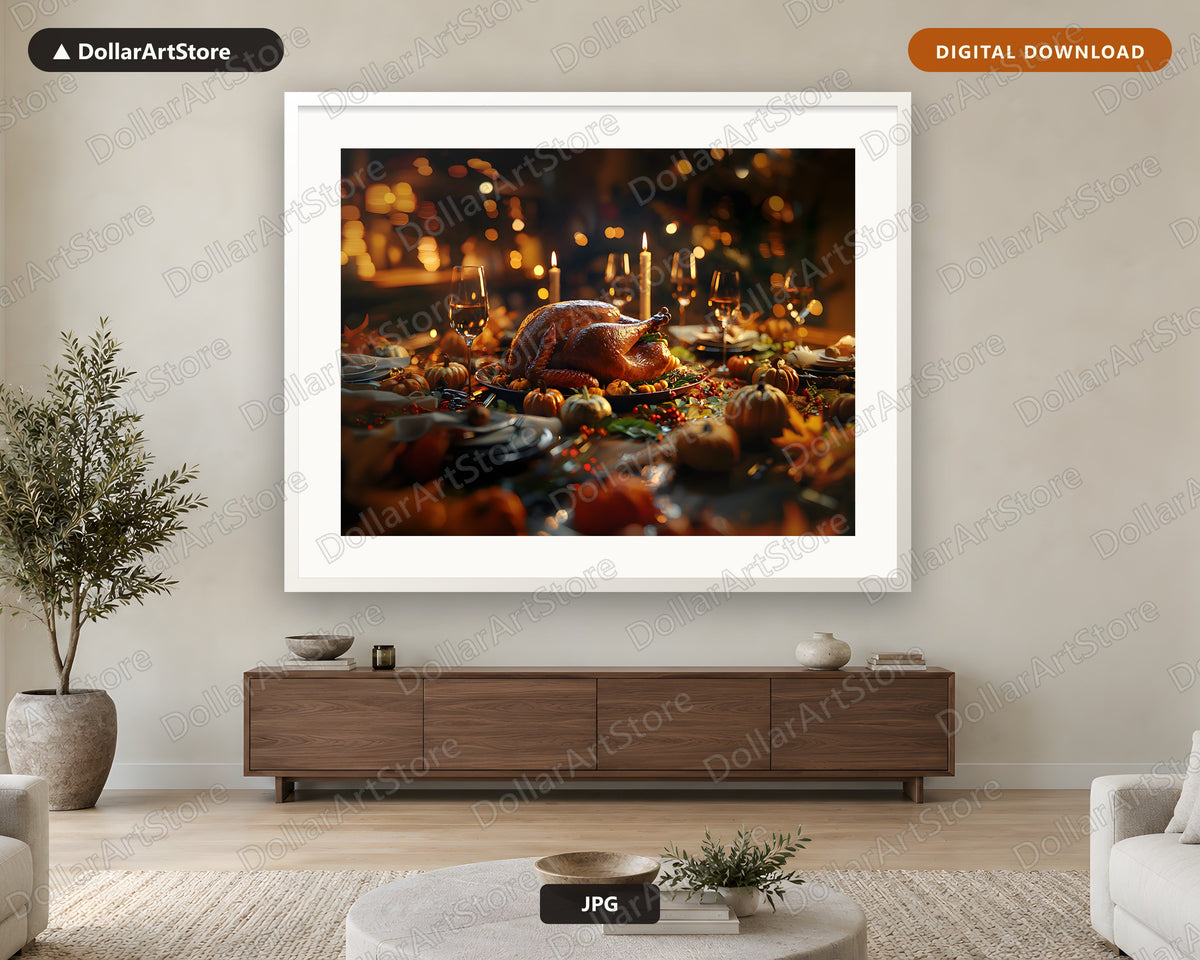 Roasted Turkey Dinner Table Printable Wall Art | Thanksgiving Harvest Digital Download