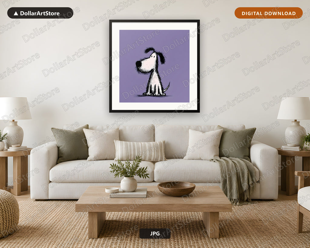 Simple Dog Doodle Sketch Black & White Purple Background Digital Download