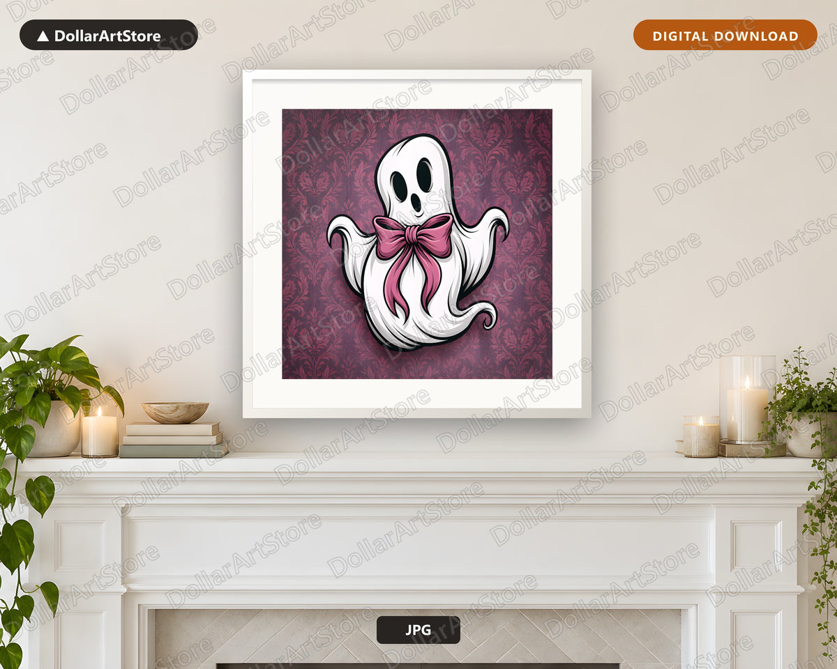 Cute Coquette Ghost Pink Bow Printable Wall Art Digital Download