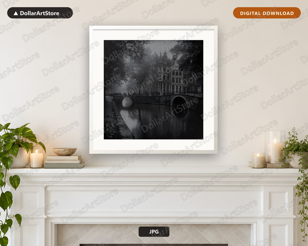 Amsterdam Canal Bridge Black & White Printable Wall Art