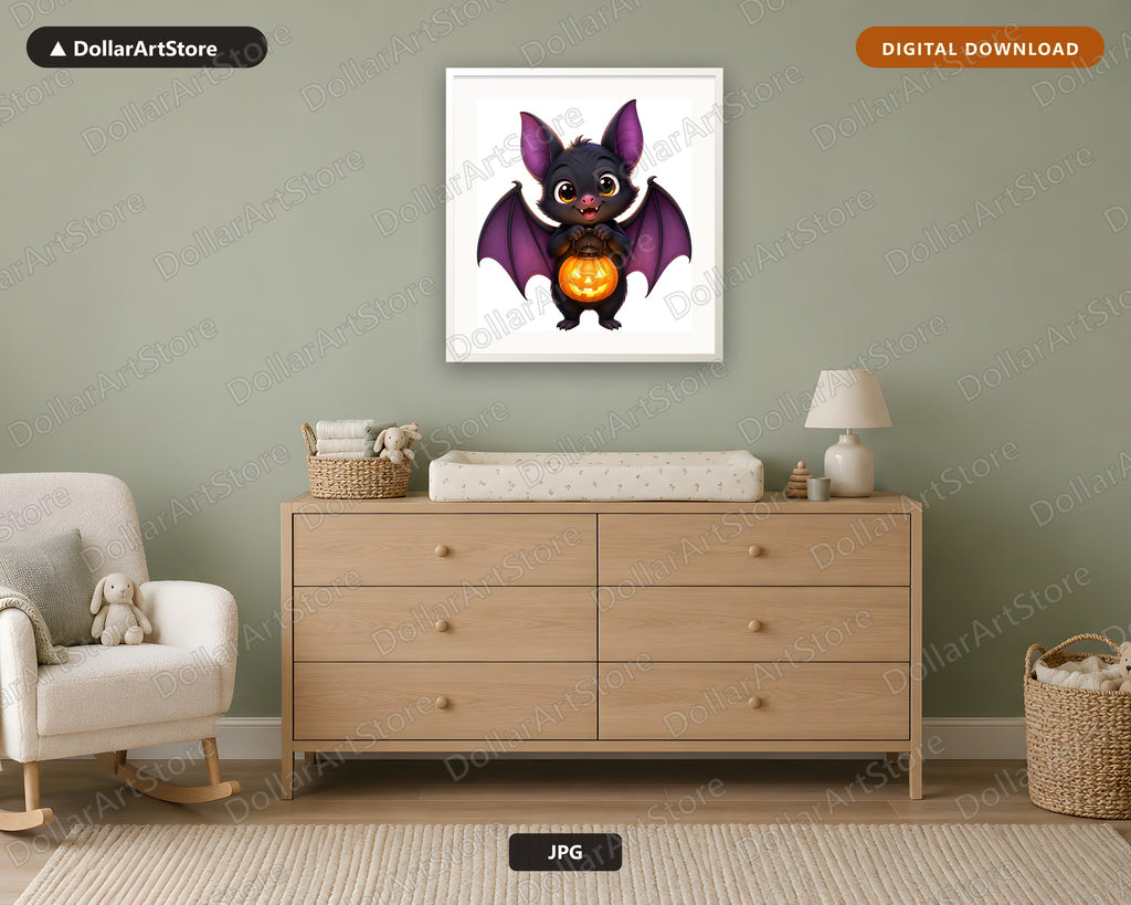 Cute Bat with Jack-o-Lantern Printable Wall Art Digital Download