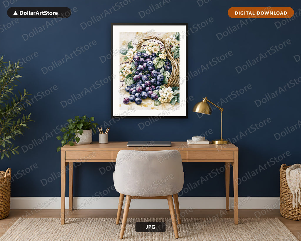 Blueberries Watercolor Floral Basket Printable Wall Art