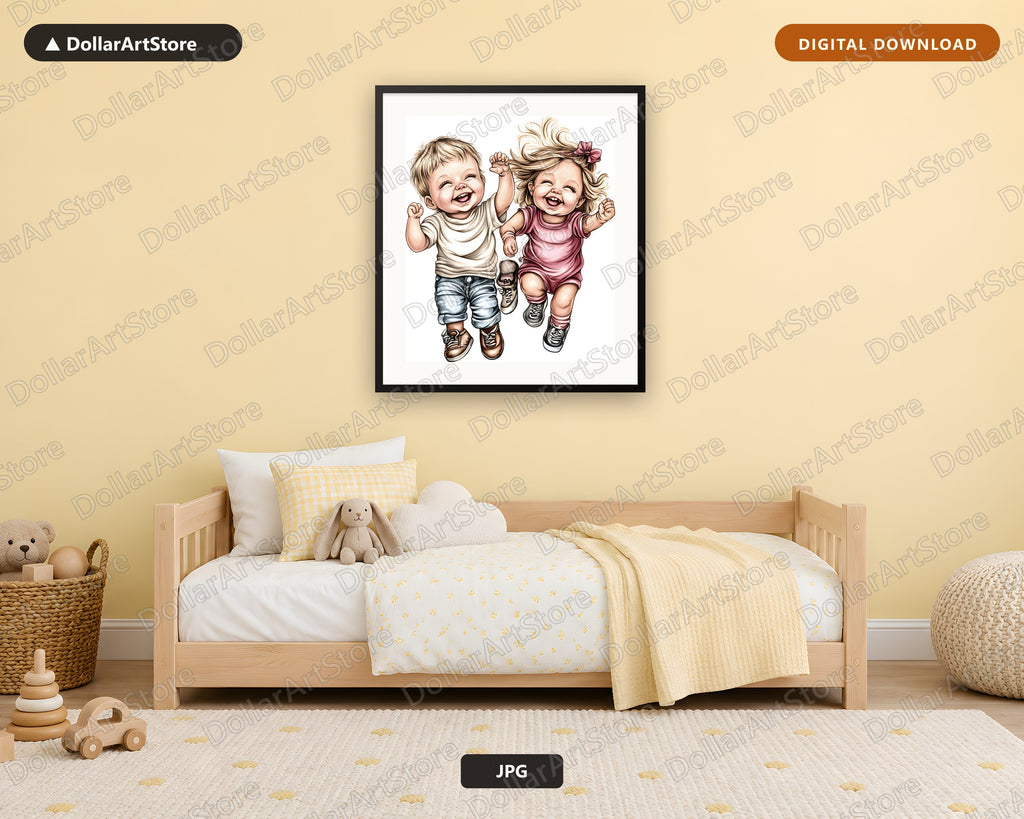 Happy Toddlers Running Printable Wall Art | Kids Room Digital Download
