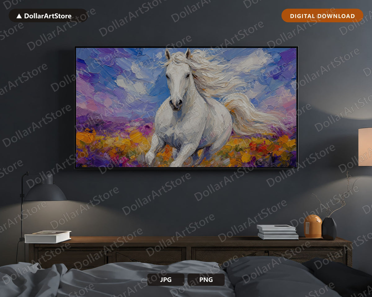White Horse Frame TV Art, Samsung Frame TV Digital Download, Textured Landscape 4K Screensaver
