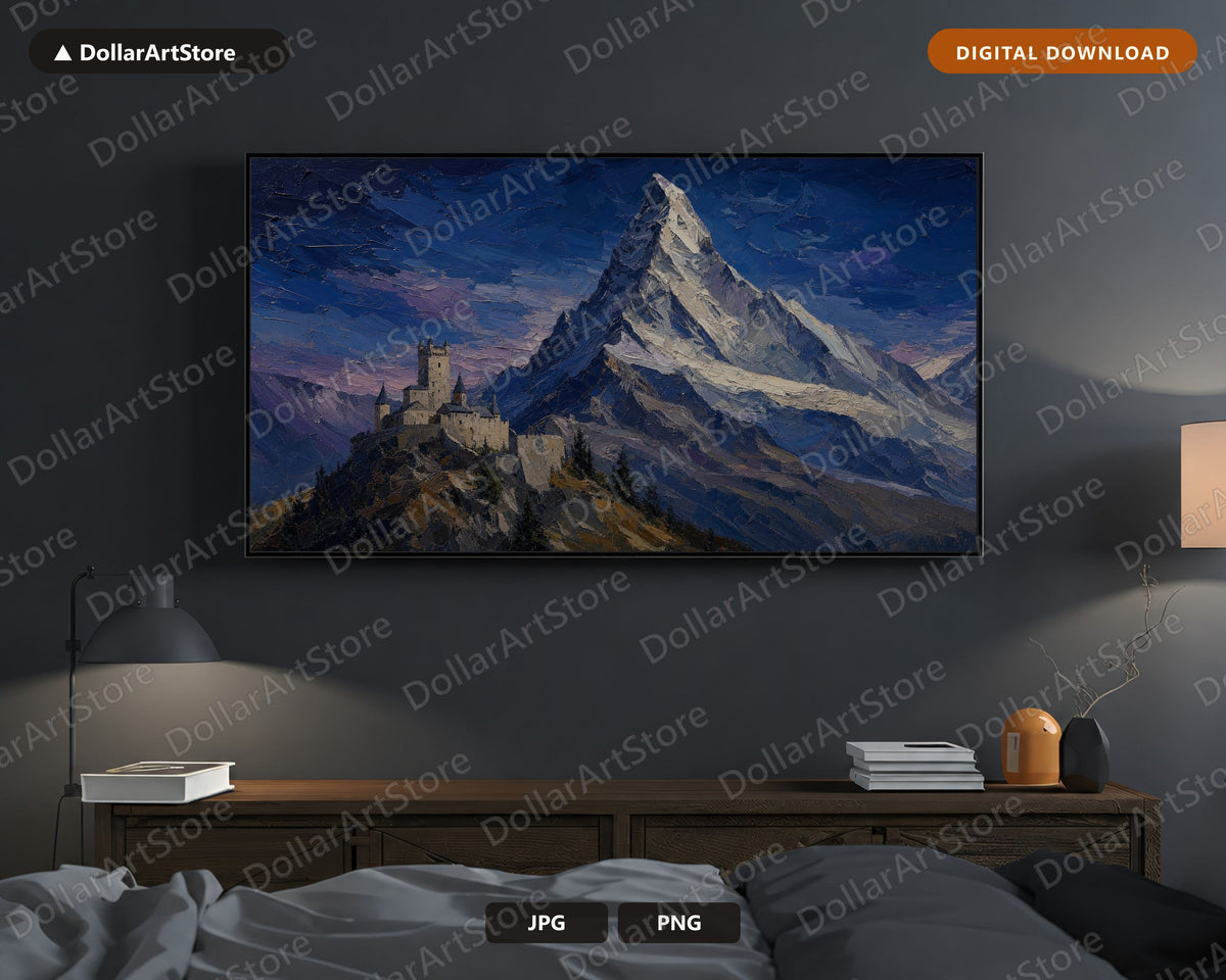 Alpine Castle Mountain Frame TV Art, Cozy Textured Landscape Samsung TV Download, 4K Scenery Screensaver