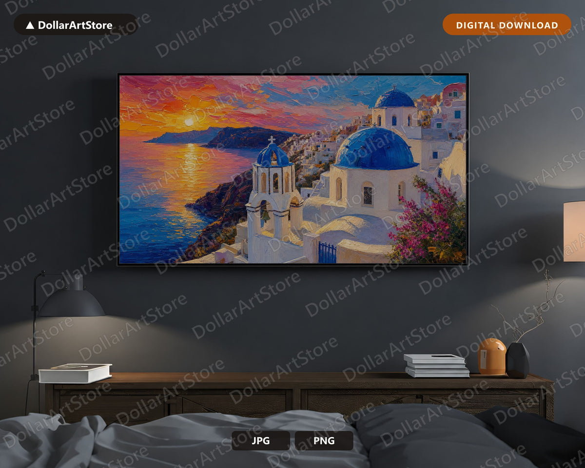 Cozy Santorini Sunset Frame TV Art, Samsung Frame TV Digital Download, 4K Textured Greek Island Scenery