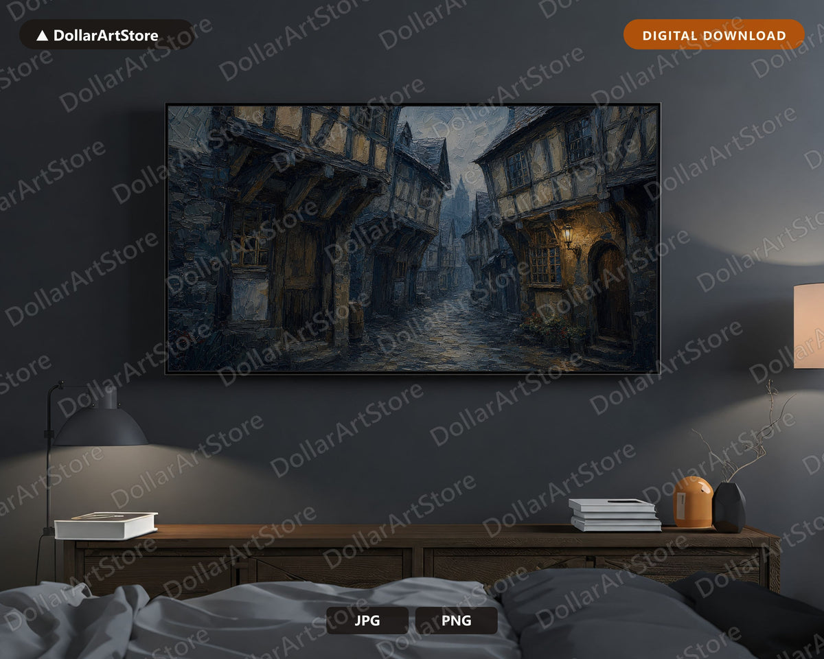 Moody Medieval European Street Frame TV Art, 4K Samsung Frame Digital Download, Textured Cobblestone Scenery