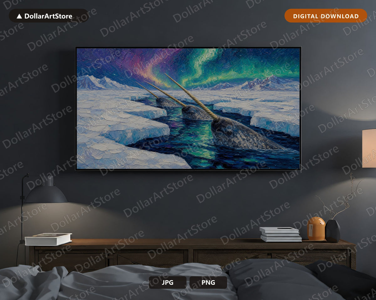 Cozy Arctic Narwhal in Polar Aurora Frame TV Art