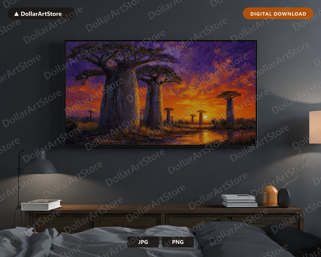Cozy African Savanna Frame TV Art, Baobab Sunset Samsung Frame Digital Download 4K