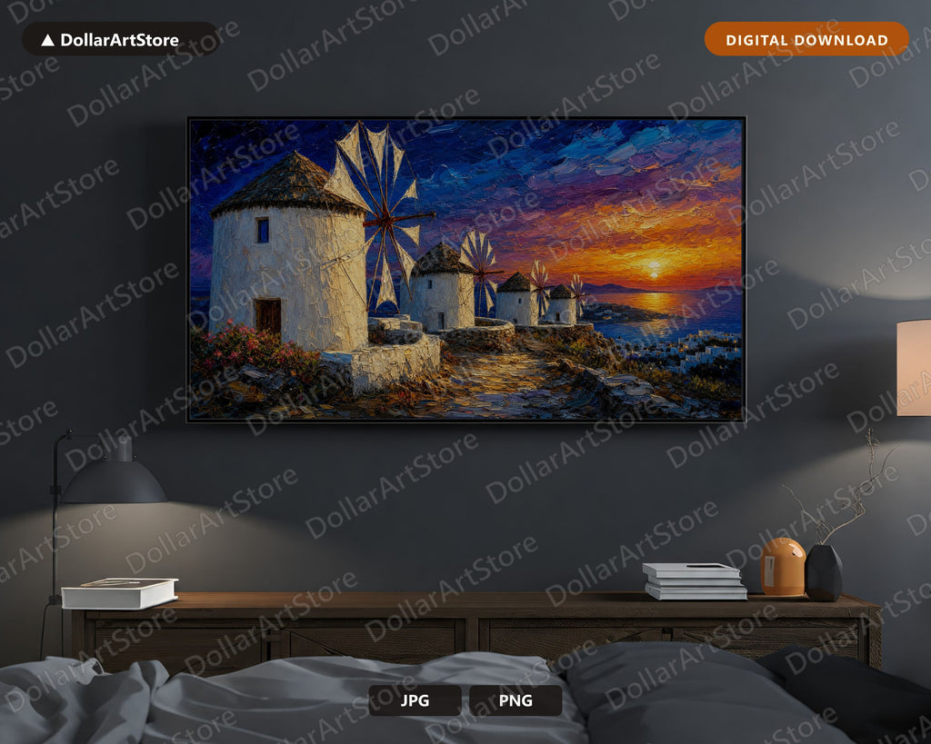 Cozy Mykonos Windmills Frame TV Art, Samsung Frame Digital Download, 4K Sunset Scenery
