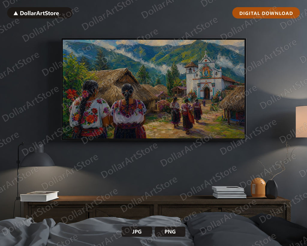 Cozy Mountain Village Frame TV Art, Samsung Frame TV Digital Download, 4K Textured Scenery