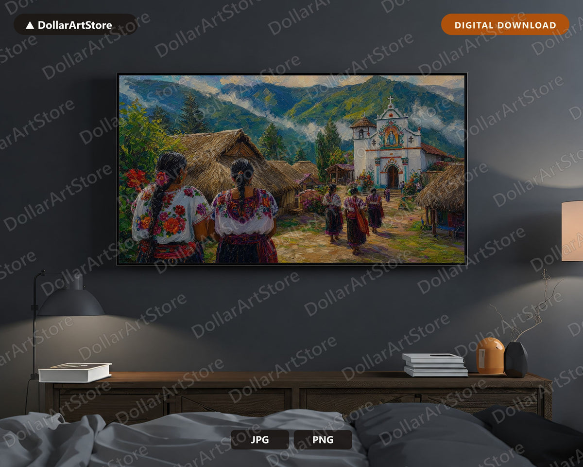 Cozy Mountain Village Frame TV Art, Samsung Frame TV Digital Download, 4K Textured Scenery