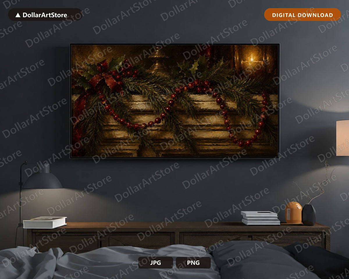 Cozy Holiday Frame TV Art, Rustic Christmas Garland Samsung Frame TV Digital Download 4K