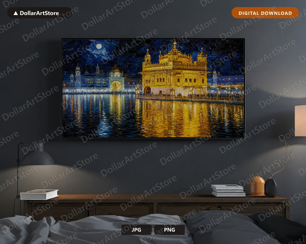 Golden Temple Night Frame TV Art, Cozy Scenery Samsung Digital Download, 4K Textured Waterfront TV Art