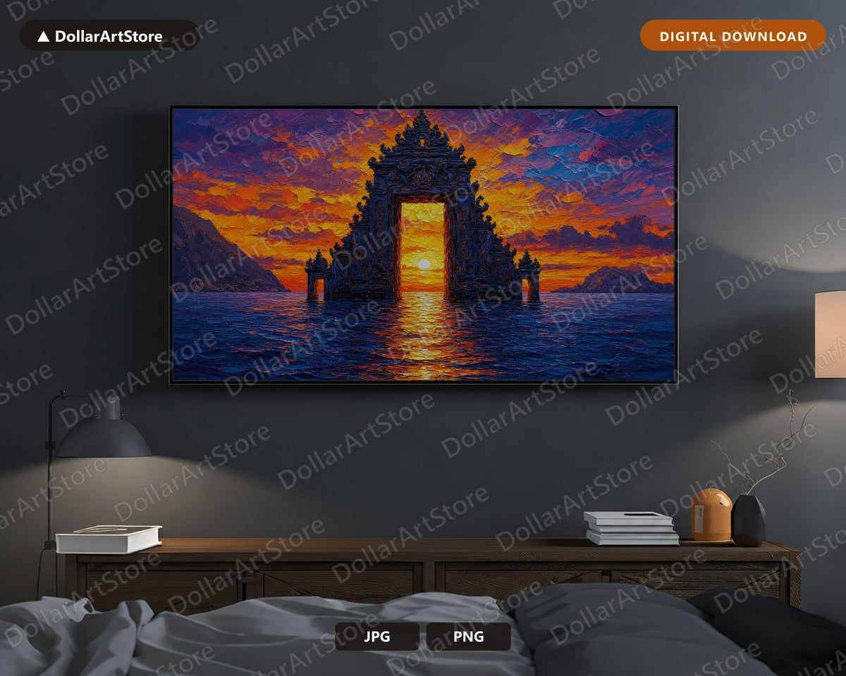 Cozy Sunset Frame TV Art, East Asian Temple Landscape, Samsung Frame TV Digital Download 4K