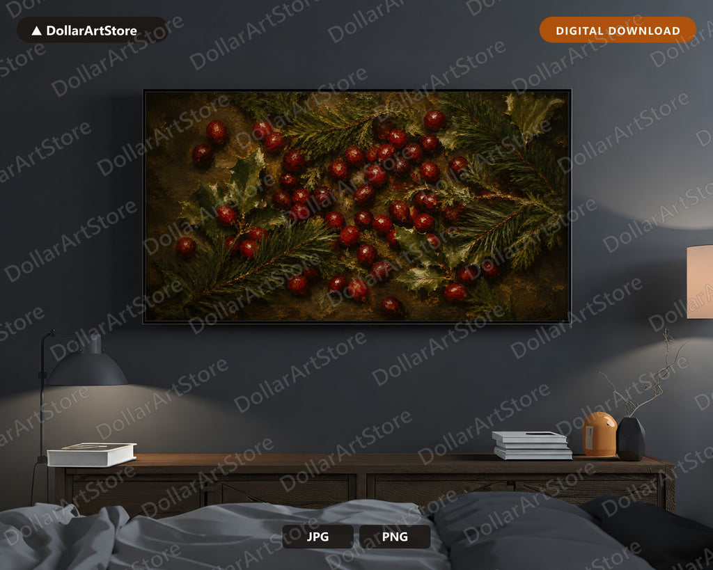 Holiday Frame TV Art, Red Berries Green Garland Samsung Frame TV Digital Download, Cozy Rustic Scenery