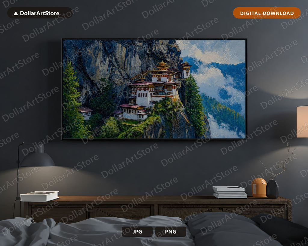 Cozy Mountain Monastery Frame TV Art, Samsung Frame TV Digital Download, 4K Landscape Screensaver