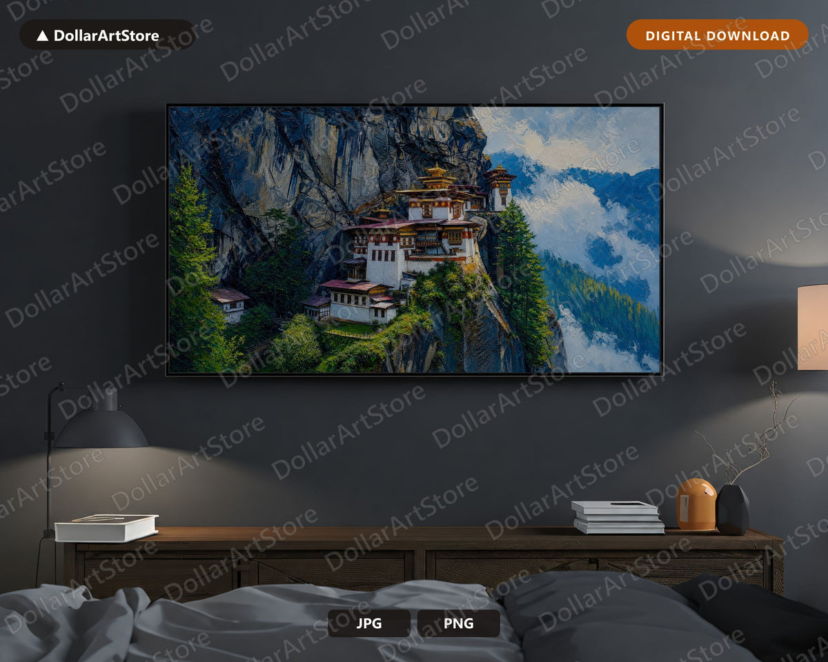 Cozy Mountain Monastery Frame TV Art, Samsung Frame TV Digital Download, 4K Landscape Screensaver