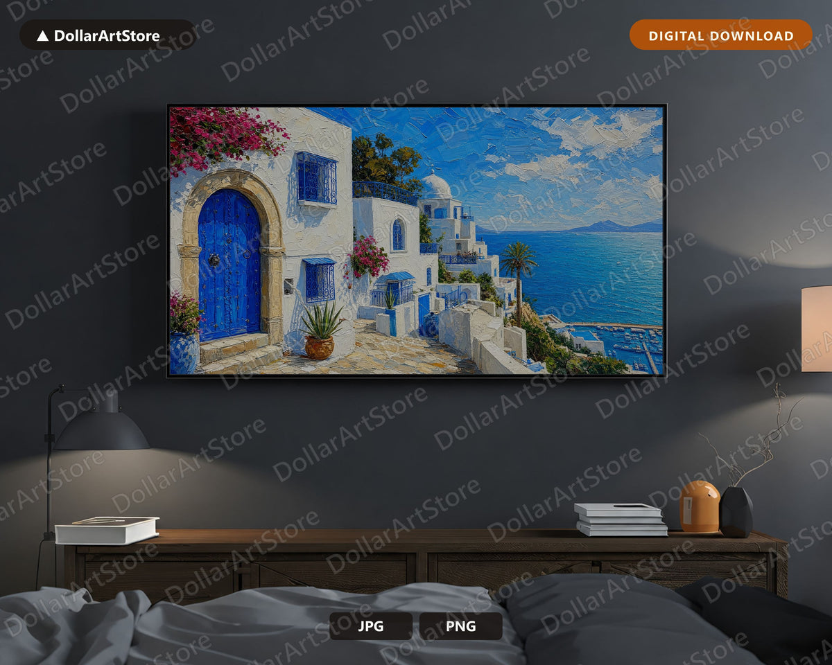 Cozy Mediterranean Coastal Frame TV Art, Samsung Frame TV Digital Download, 4K Textured Scenery
