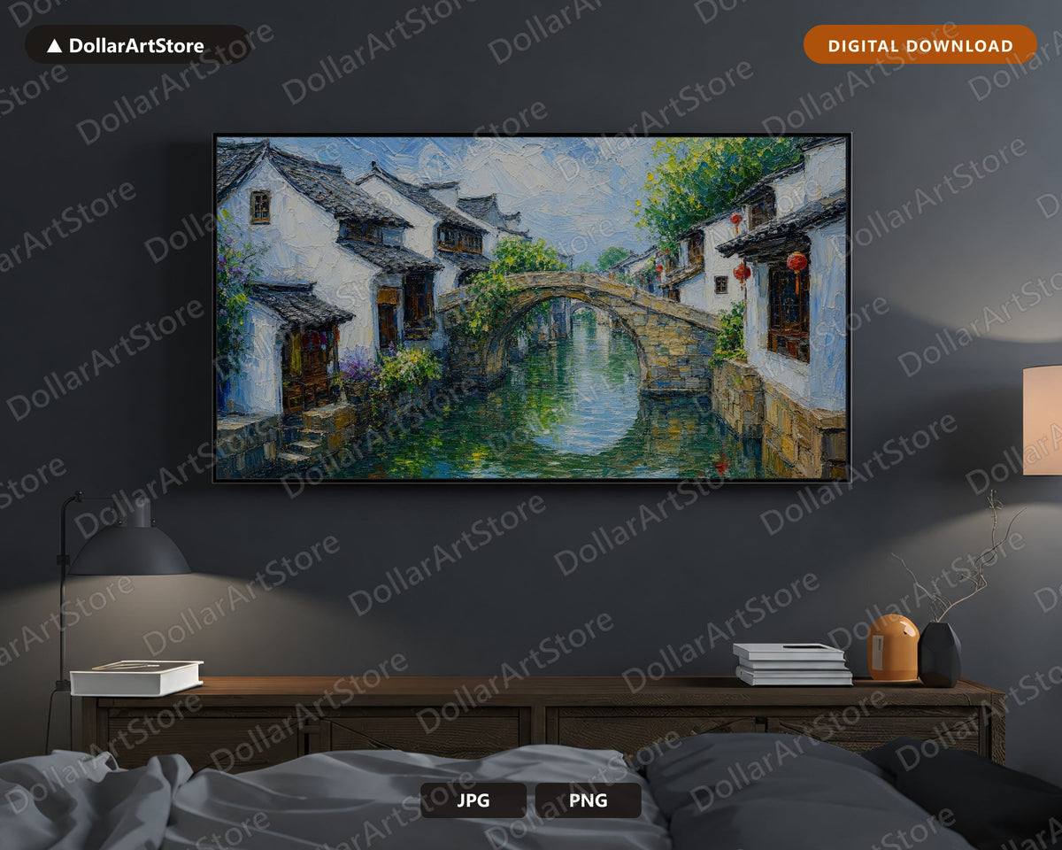 Cozy East Asia Frame TV Art, Samsung Frame TV Digital Download, 4K Textured Canal Scenery