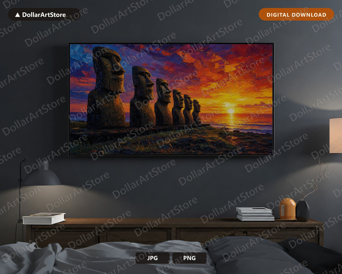 Easter Island Moai Sunset Frame TV Art, Samsung 4K Digital Download, Scenic Landscape Screensaver