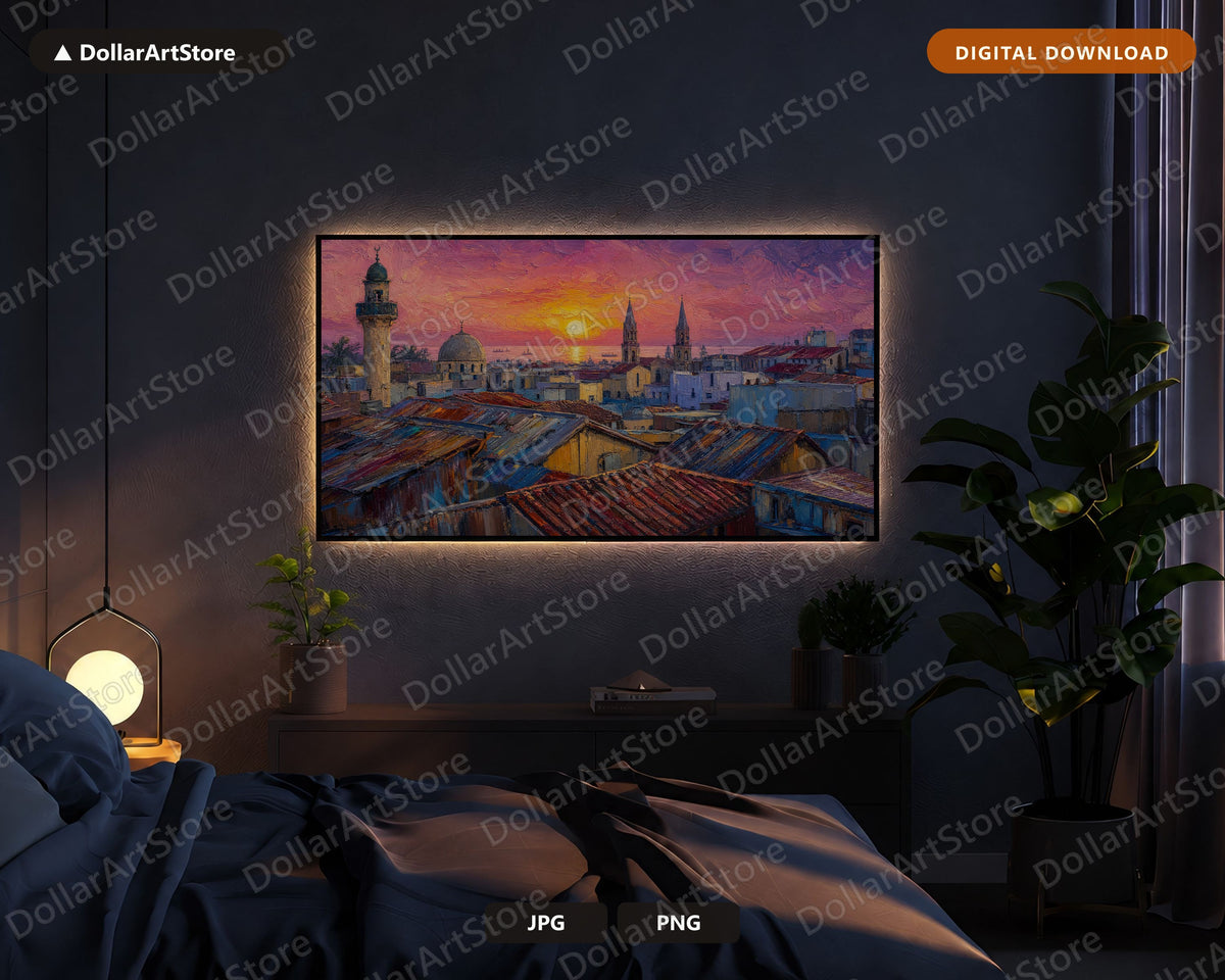 Cozy Textured Sunset Frame TV Art, African Cityscape Samsung Frame TV Digital Download 4K