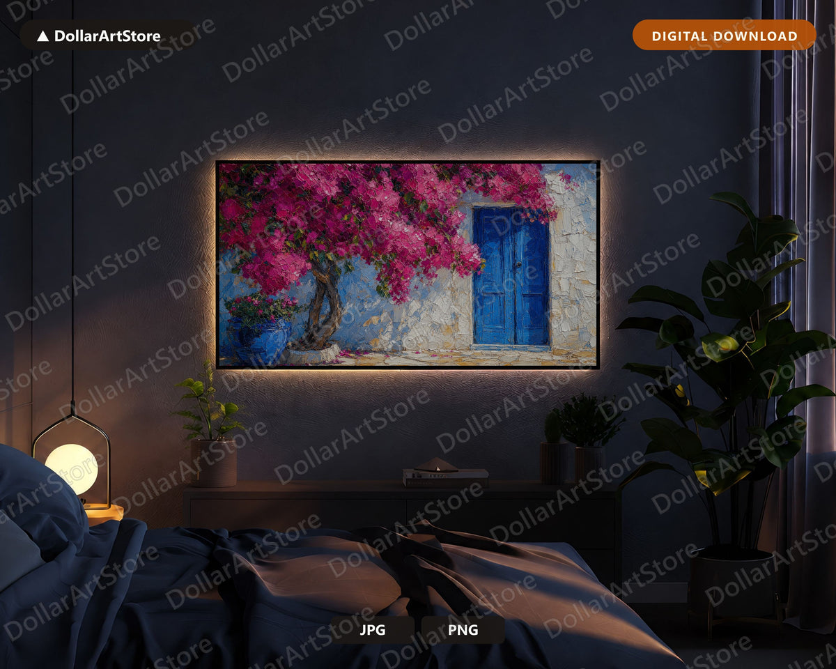 Cozy Mediterranean Bougainvillea Frame TV Art, Samsung Frame Digital Download, 4K Textured Coastal Screensaver
