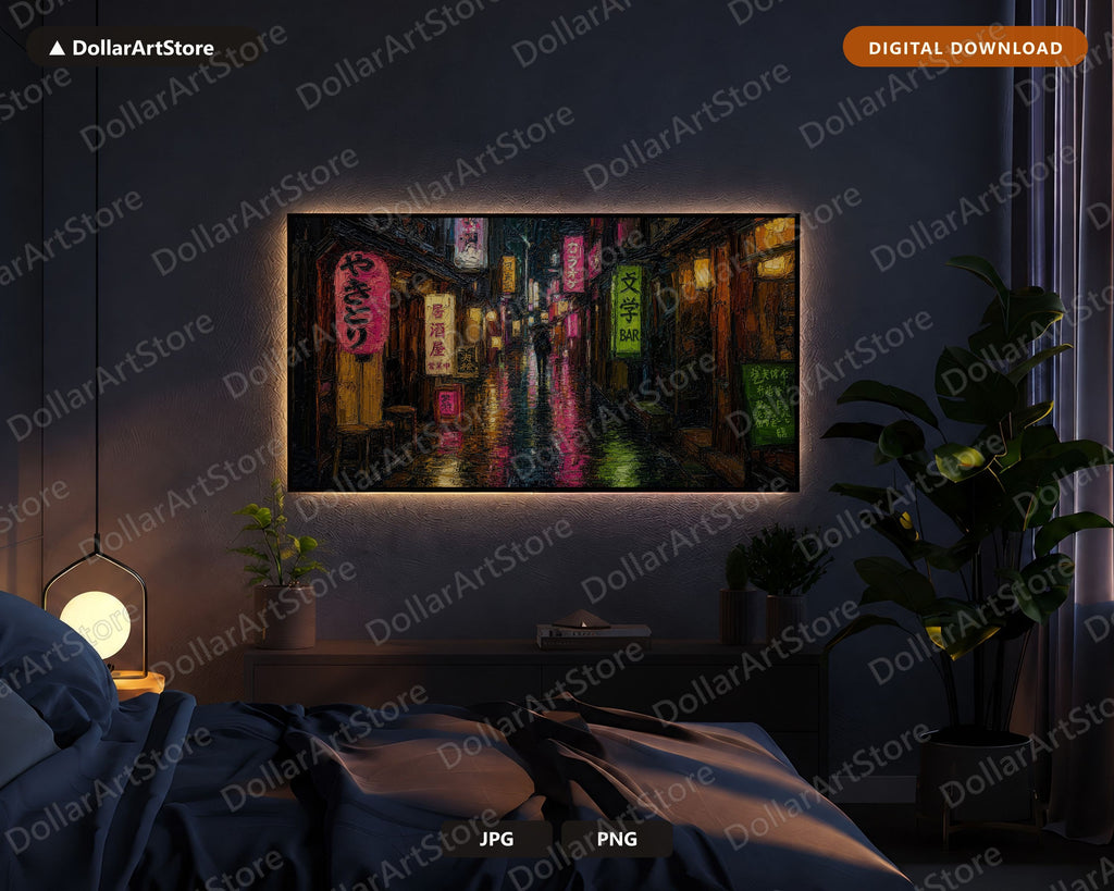 Moody Neon Street Frame TV Art, Dark Urban Scenery Samsung TV Download, Cozy Rainy East Asia 4K